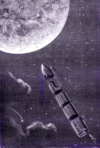 Trein van kogels (of projectielen) afgevuurd door een gigantisch kanon naar de Maan, "Van de aarde naar de maan" door Jules Verne door Henri de Montaut