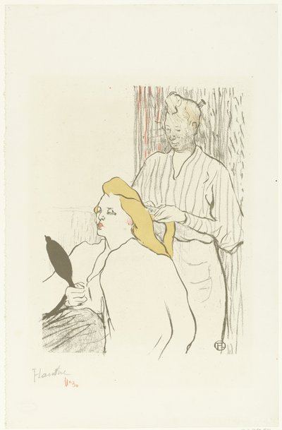 Kapster kamt haren van zittende vrouw met spiegel in hand door Henri de Toulouse Lautrec (signed by artist)