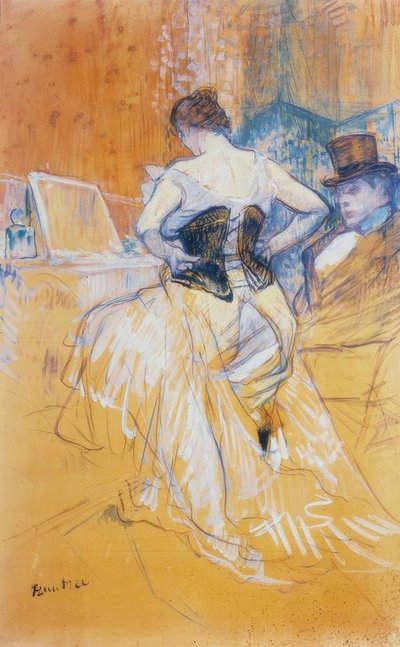 Vrouw die haar korset aandoet, voorbijgaande verovering door Henri de Toulouse Lautrec