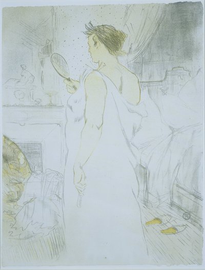 Staande vrouw die in een handspiegel kijkt door Henri de Toulouse Lautrec