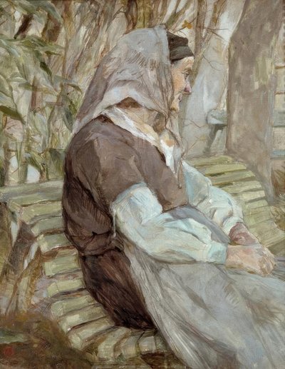 Oude vrouw zittend op een bank, in Céleyran door Henri de Toulouse Lautrec