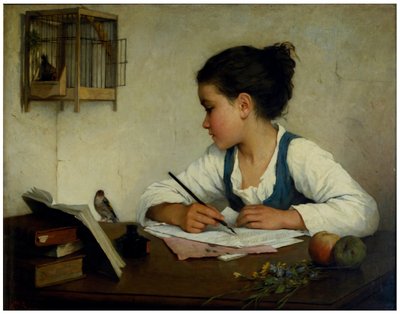 Een meisje schrijft; De huisdier goudvink door Henriette Browne