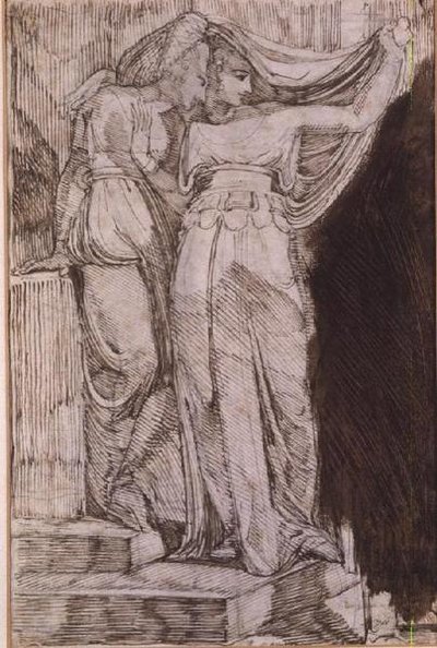 Twee Vrouwelijke Figuren Staand op Trappen, Rome, Mei 1787 door Johann Heinrich Füssli