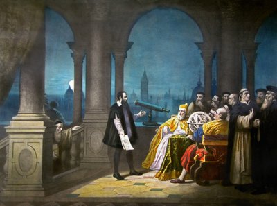 Galileo Galilei demonstreert zijn telescoop aan Leonardo Donato, Doge van Venetië en de Venetiaanse Senaat in 1609, ca 1900 (litho) door Henry (after) Detouche