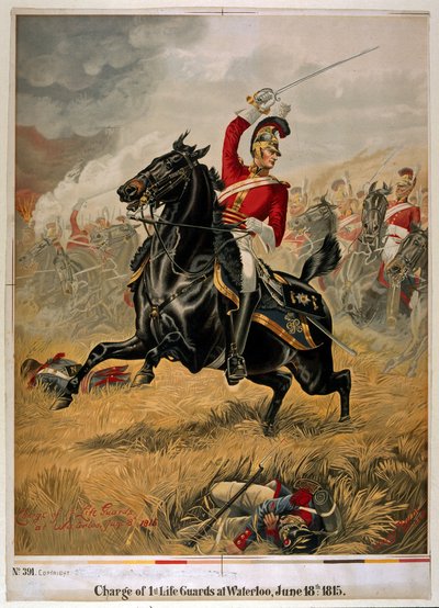 De Charge van de 1e Life Guards bij Waterloo, gepubliceerd ca. 1890 door Henry A. Payne