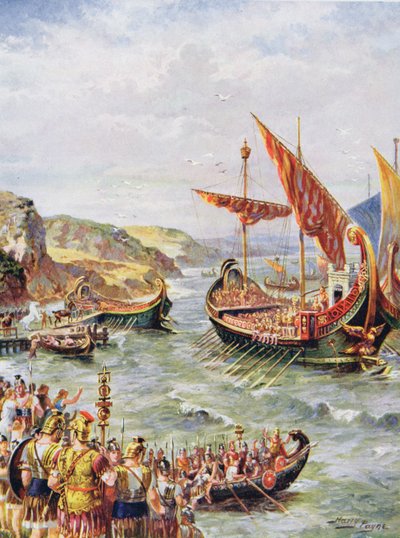 Vertrek van de Romeinen uit Groot-Brittannië na de plundering van Rome in 410 AD, illustratie uit 