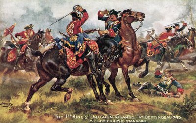 Het Koningspaard, nu de 1e (Konings) Dragonders, Slag bij Dettingen, juni 1743 door Henry A. Payne