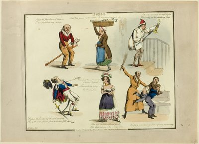 Plaat van illustraties tot populaire liedjes door Henry Alken