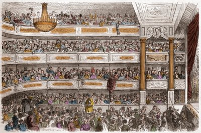 Het auditorium van het Theatre des Funambules in Parijs in de 19e eeuw - Theatre des Funambules, boulevard du Temple in Parijs, in de 19e eeuw - Gravure door Henri Valentin in 