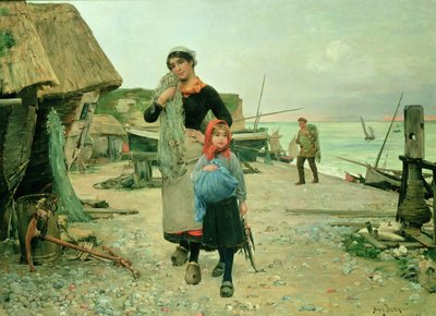 Vissersvolk keert terug met hun netten, Etretat door Henry Bacon