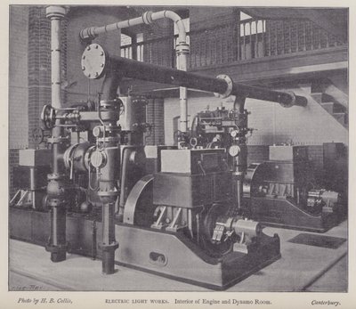 Interieur van machine- en dynamokamer, Electric Light Works, Canterbury, Kent door Henry Beauchamp Collis
