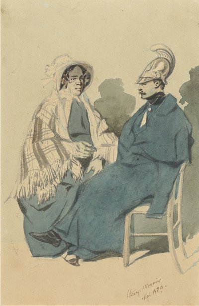 Kurassier met helm en blauwe mantel, zittend naast een oude dame in reistoilet door Henry Bonaventure Monnier