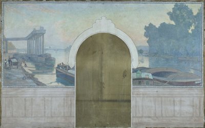 Schets voor de trouwzaal van het stadhuis van Asnières: Landschap. Aken op de Seine, met de Asnières-brug, circa 1900 door Henry Bouvet