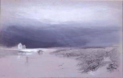 Landschap met rivier en brug: regen komt op door Henry Bright