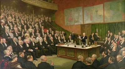Een vrijdagavondlezing aan de Royal Institution; Sir James Dewar over vloeibare waterstof, 1904 door Henry Brooks