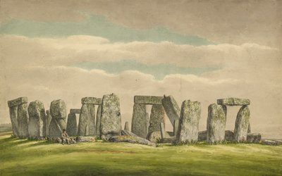 Stonehenge vanuit het N.W., toont ruïnes met man en hond, 1824-1839 door Henry Browne