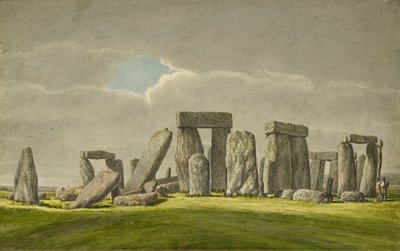 Stonehenge vanuit het Z.O., toont stenen in verwoeste staat met 2 bezoekers, 1824-1839 door Henry Browne