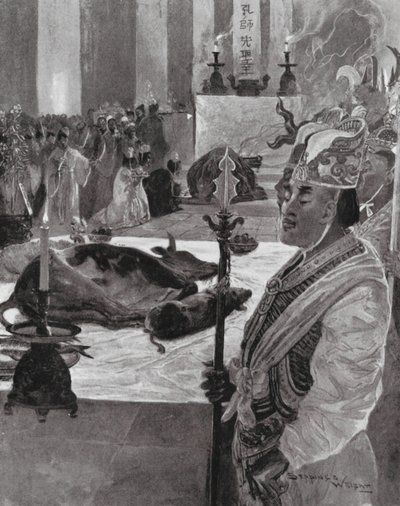 Een offer in een Confuciaanse tempel door Henry Charles Seppings Wright