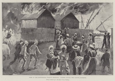 Brand in het Modykhana Pestziekenhuis, Verpleegsters redden de Inheemse Patiënten door Henry Charles Seppings Wright