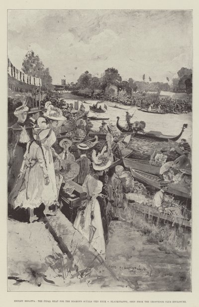 Henley Regatta, de finale heat voor de Diamond Sculls (Ten Eyck v Blackstaffe), gezien vanuit de Grosvenor Club Enclosure door Henry Charles Seppings Wright