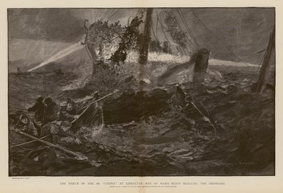 Redding van drenkelingen tijdens het wrak van SS Utopia, Gibraltar (gravure) door Henry Charles Seppings Wright