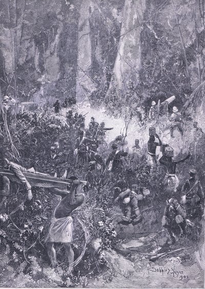 De Ashanti Oorlog 1900: Een gevecht in het bos, illustratie uit Cassells Geschiedenis van Engeland, 1900s door Henry Charles Seppings Wright