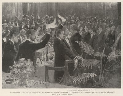 Het banket voor M Santos Dumont in het Hotel Metropole, 25 november, enthousiaste ontvangst van de Braziliaanse luchtvaartpionier door Henry Charles Seppings Wright