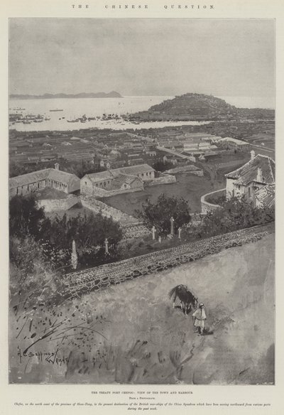 De Chinese kwestie, de verdragshaven Chefoo, uitzicht op de stad en haven door Henry Charles Seppings Wright