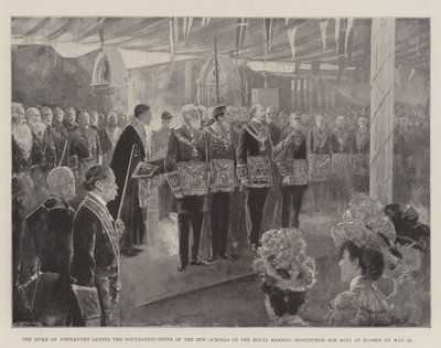 De Hertog van Connaught legt de Eerste Steen van de Nieuwe Scholen van de Koninklijke Vrijmetselaarsinstelling voor Jongens in Bushey op 12 mei door Henry Charles Seppings Wright