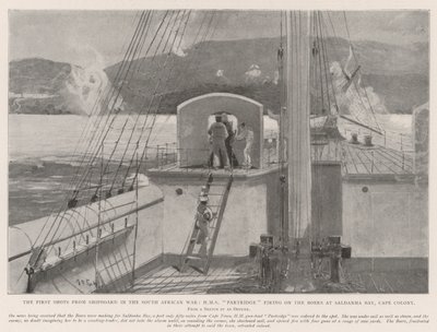 De eerste schoten vanaf een schip in de Zuid-Afrikaanse Oorlog, HMS Partridge vuurt op de Boeren bij Saldanha Bay, Kaapkolonie door Henry Charles Seppings Wright