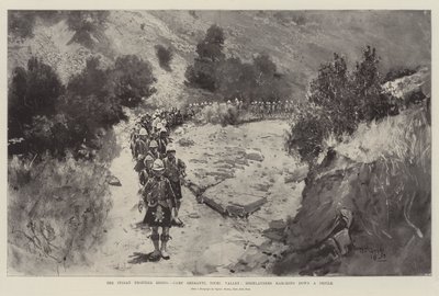 De opstand aan de Indiase grens, Kamp Sheranni, Tochi-vallei, Hooglanders marcheren door een kloof door Henry Charles Seppings Wright