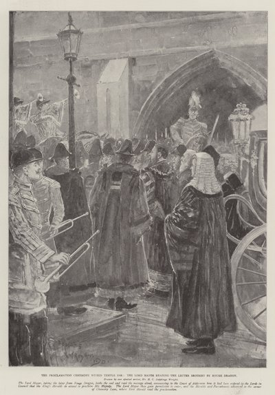 De proclamatieceremonie binnen Temple Bar, de burgemeester leest de brief voorgebracht door Rouge Dragon door Henry Charles Seppings Wright