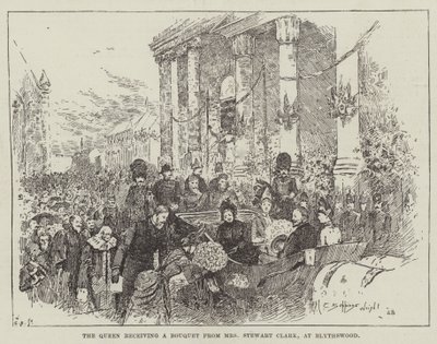 De koningin ontvangt een boeket van mevrouw Stewart Clark, in Blythswood door Henry Charles Seppings Wright