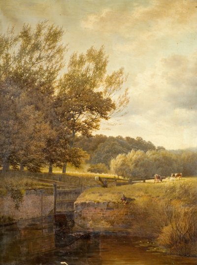 Boslandschap met jongen die vist in een sluis door Henry Cheadle