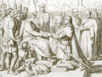 Hoe Hereward binnenkwam bij de koning (gravure) door Henry Courtney (after) Selous
