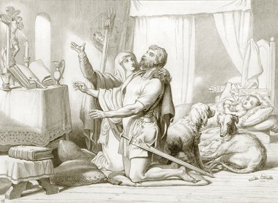 Hoe Torfrida Hereward leert bidden (gravure) door Henry Courtney (after) Selous
