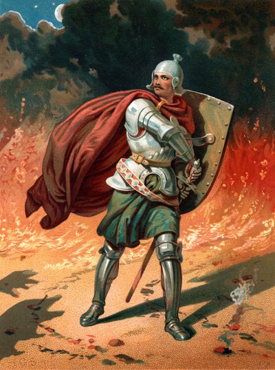 Christian, de pelgrim van de titel, in gevecht met Apollyon, de Vernietiger, de Engel van de Bodemloze Put door Henry Courtney Selous