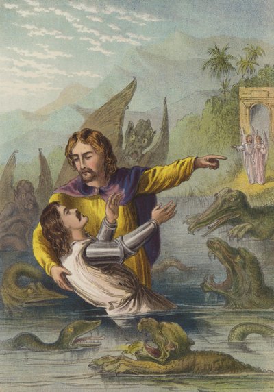 De rivier oversteken (chromolitho) door Henry Courtney Selous