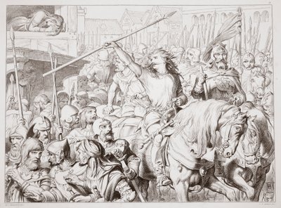 Hoe Hereward Berserker werd, illustratie uit Hereward the Great door Charles Kingsley, pub. 1870, gegraveerd door C.G. Lewis door Henry Courtney Selous