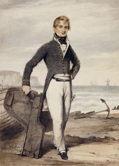 Portret van Edward Pocock R.N., klein volledig lichaam, staand naast een gestrand roeiboot bij eb door Henry Edridge