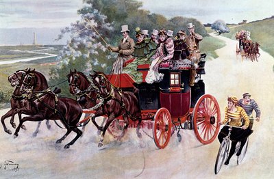 Een rijtuig vol passagiers en fietsers. Lithografie gebaseerd op een schilderij door Henry Finney (19e eeuw), circa 1890. Privécollectie door Henry Finney