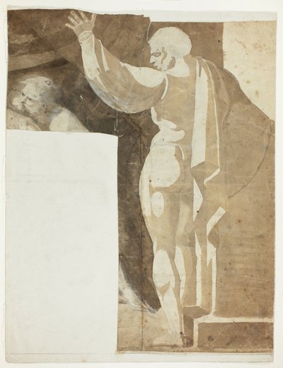 Mannelijke figuur met opgeheven linkerarm gezien van achteren, en fragment van oude man door Johann Heinrich Füssli