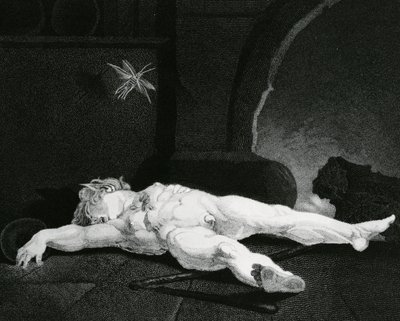 Puck die slapend ligt voor de landelijke haard, gegraveerd door Moses Haughton Jr. door Johann Heinrich Füssli