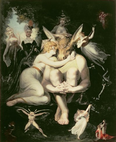 Titania ontwaakt, omringd door dienende feeën, klampt zich extatisch vast aan Bottom, die nog steeds het ezelskop draagt, 1793-4 door Johann Heinrich Füssli