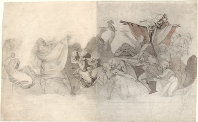 Triomf van de dood: Drie skeletten vallen een bacchanaal binnen, georkestreerd door een magiër of een boze demon door Johann Heinrich Füssli