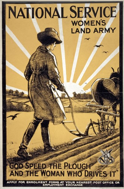 Nationale Dienst Vrouwen Landleger, God speed de ploeg en de vrouw die hem bestuurt, gepubliceerd Londen, ca. 1917 door Henry George Gawthorn