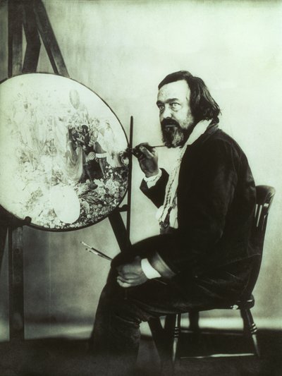 Portret van Richard Dadd werkend aan Oberon en Titania in het Betlam ziekenhuis, ca. 1875 (z/w foto) door Henry Hering