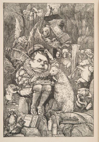 De Bever bracht papier, portfolio en pennen, pub. 1876 door Henry Holiday