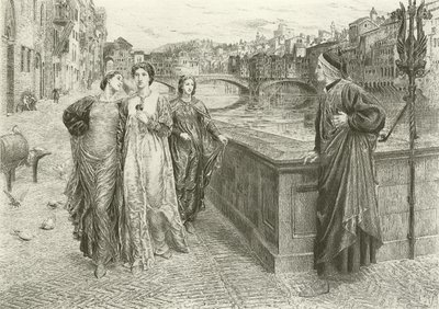 De eerste ontmoeting van Dante en Beatrice (gravure) door Henry Holiday