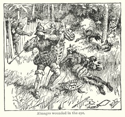 Almagro gewond in het oog (litho) door Henry Justice Ford